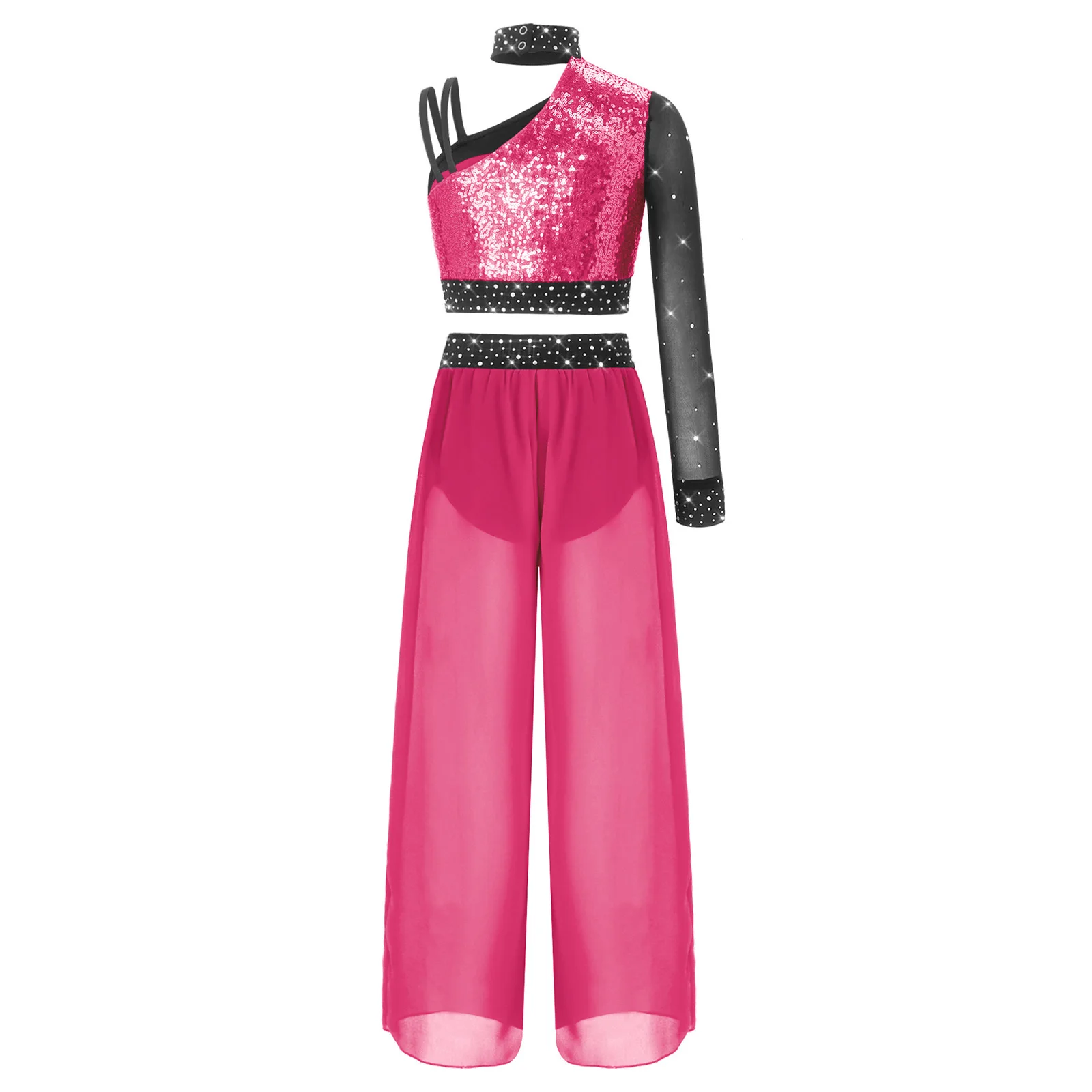 

Modern Contemporary Dancewear Sets For Girls Lyrical Dance Outfit Kids Ballet Dance Skating Costume Crop Top Chiffon Pants Suits