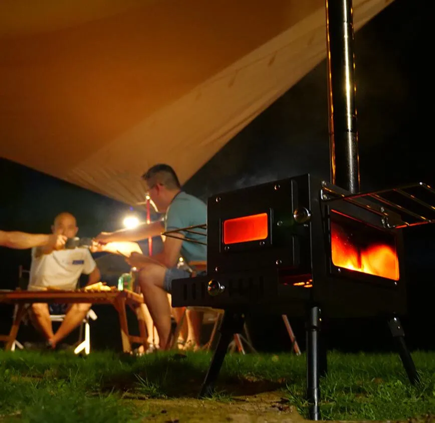 Stufa a legna portatile da campeggio all'aperto in acciaio, riscaldamento e armadio da cucina autoportante