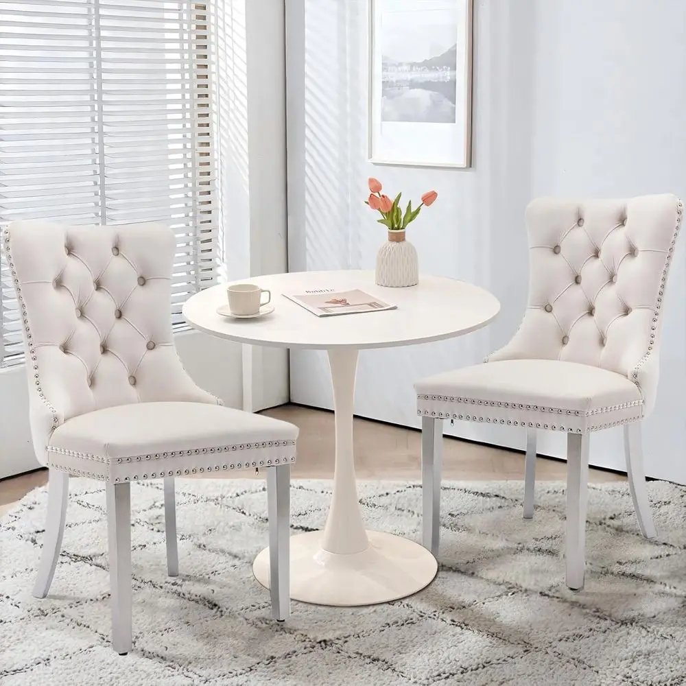 

31.5 Round White Dining Table with 2 Velvet Silver-Leg Chairs for Small Spaces