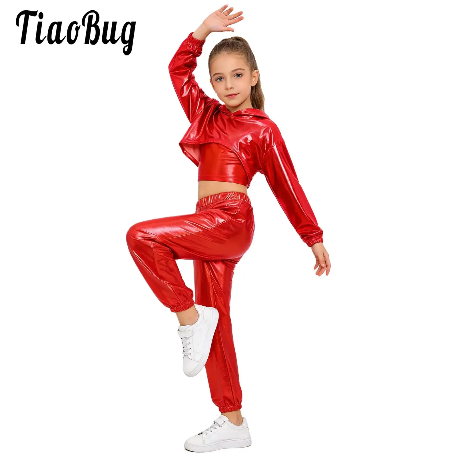 

Kids Girls Hip-Hop Jazz Modern Street Dance Costume Metallic Dancewear Set Long Sleeve Cropped Hoodie Shirts Camisole with Pants