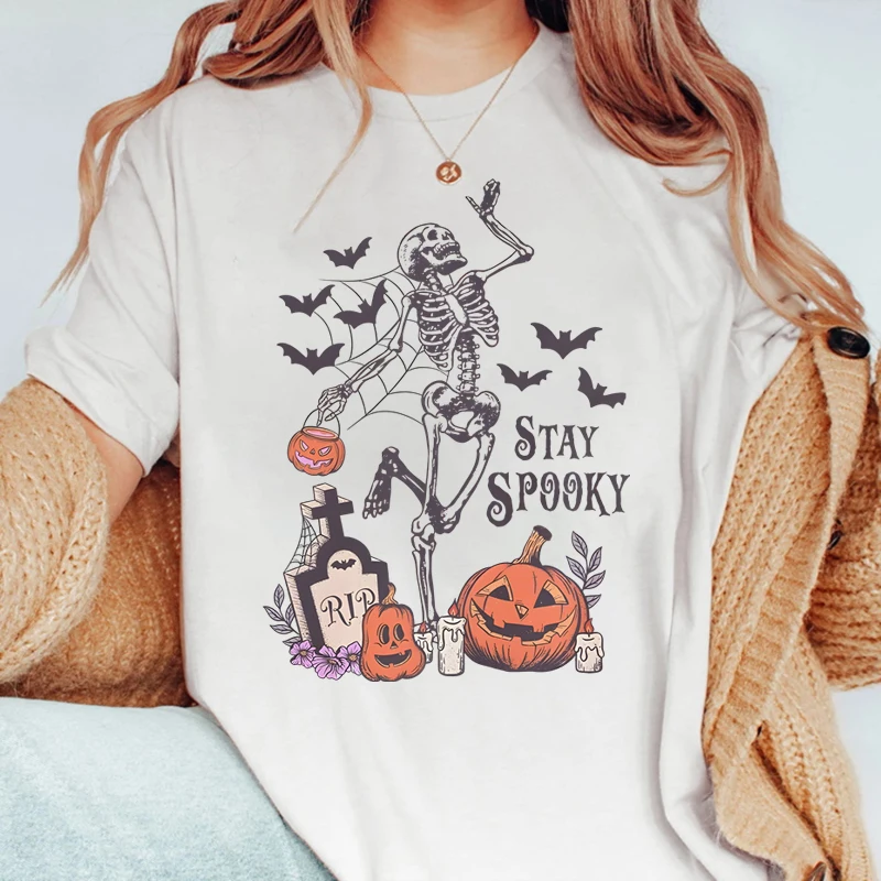 Women's Crew Neck Short Sleeve Casual Loose Fit Skeleton, Pumpkin, Bat Printed T-Shirt For Halloween