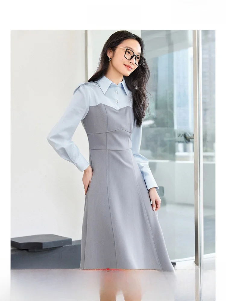 

Ele A-Line Midi Dr Women's Spring New Sle Fake Two-Piece Long Sve irt Collar Busin Casual Polyester Fiber