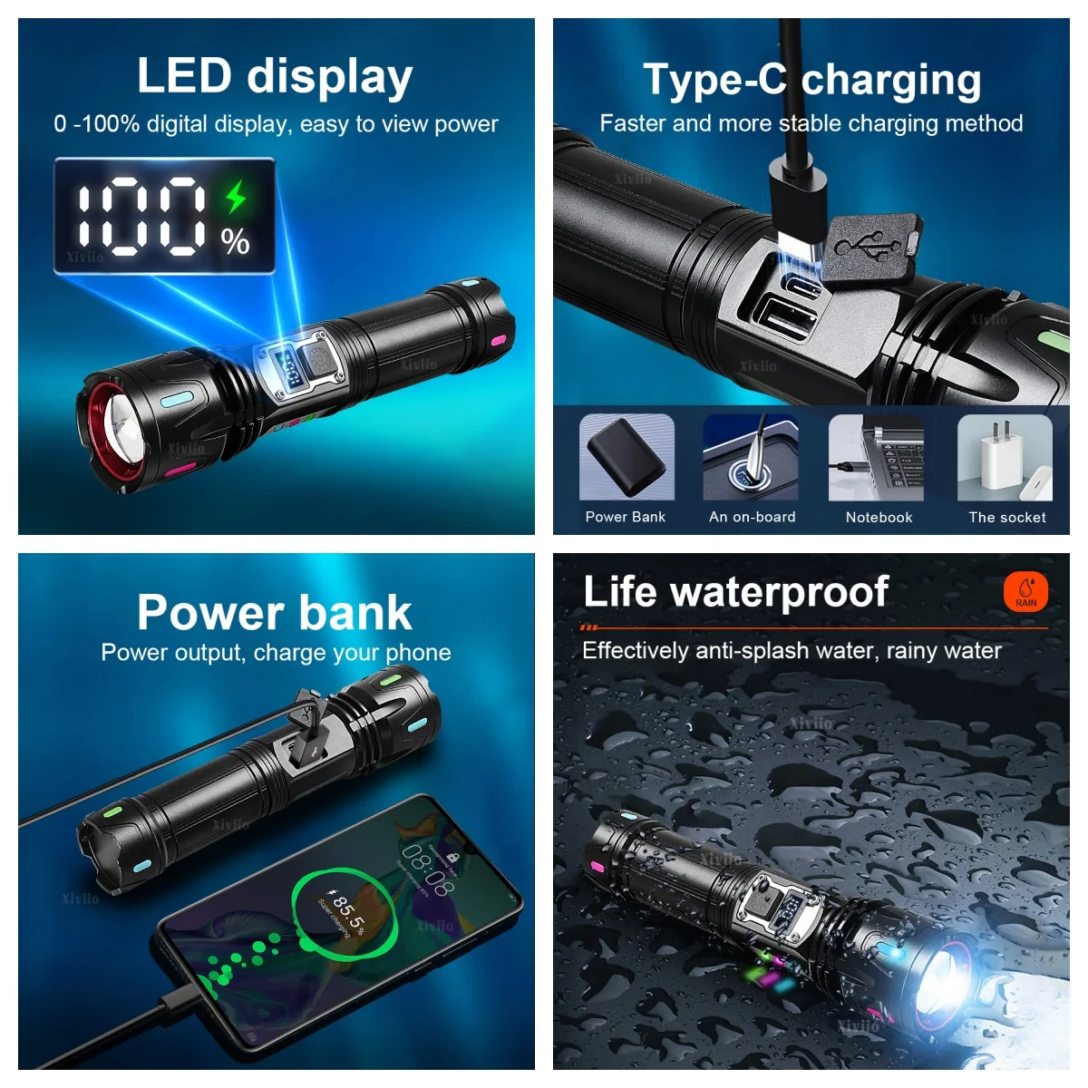 2026 500W High Power Flashlights USB Rechargeable LED Flashlight Tactical Torch Zoom Ultra Powerful Torch 3000M Emergency Lamp