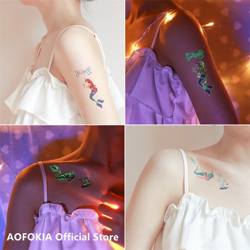 24ชนิดการ์ตูน Luminous Tattoo ชั่วคราวกันน้ำเด็ก Mermaid Ocean ปลาปลาวาฬปลาโลมา Octopus สติกเกอร์ทิ้ง