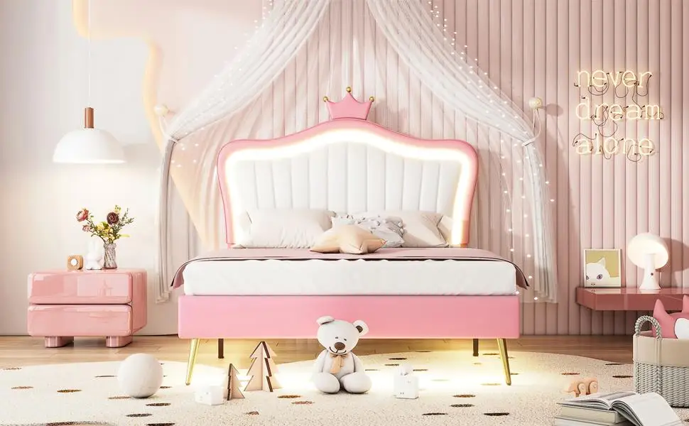 Estrutura de cama estofada moderna de tamanho completo com luzes e cabeceira de coroa - design branco e princesa