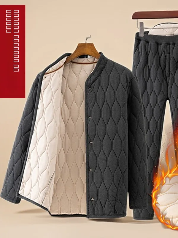 

Мужской теплый хлопковый костюм для среднего возраста, осенне-зимний, утепленный, на флисовой подкладке, эластичный, домашняя одежда для папы