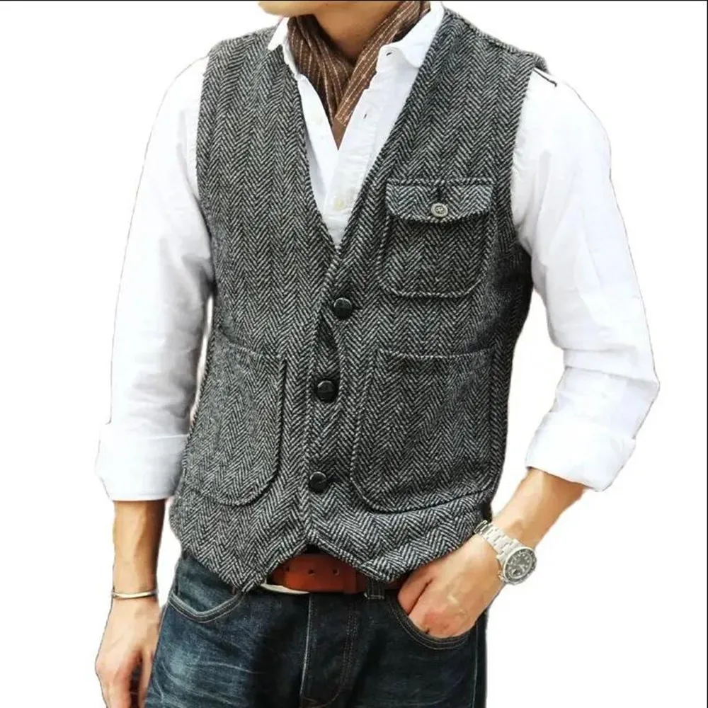 Men\'s Business Suit Vest Herringbone Tweed V Neck Formal Waistcoat for Wedding Suit or Tuxedo