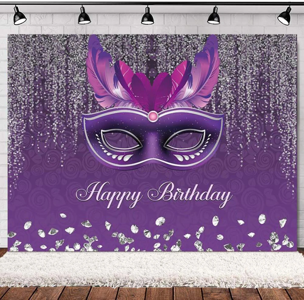 

Photography Backdrop Masquerade Purple Sliver Adult Dress-up Party Decor Background Feather Mask Happy Birthday Banner Props