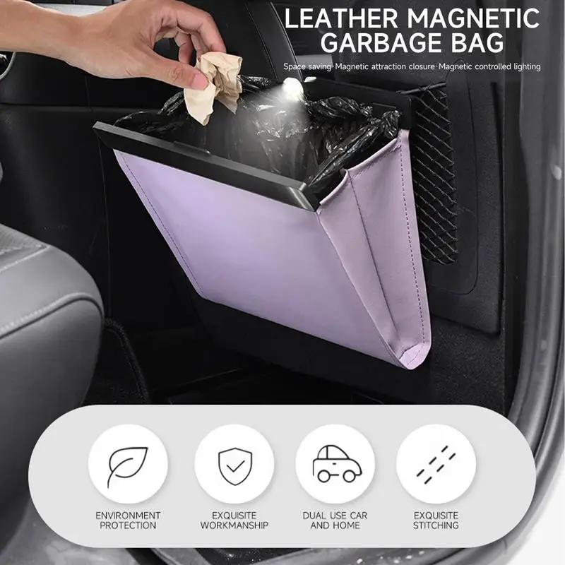 Magnetic Auto Trash Can Leak-Proof Storage Bags Foldable Car Seat Garbage Bin With LED Light Auto Interior Accessories