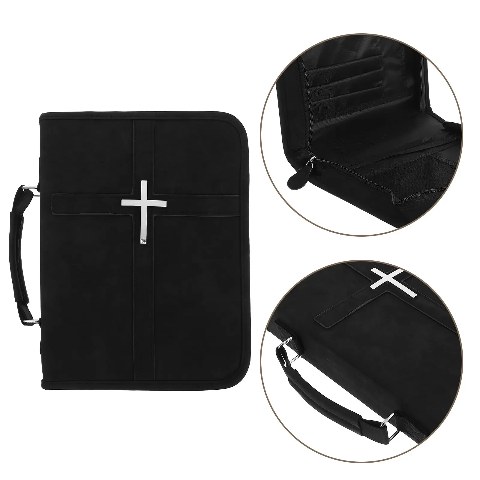 Bible Cover Case Black Vintage PU Bible Bag Zippered Carrying Case Pen Slot Phone Pocket Church Study Gift