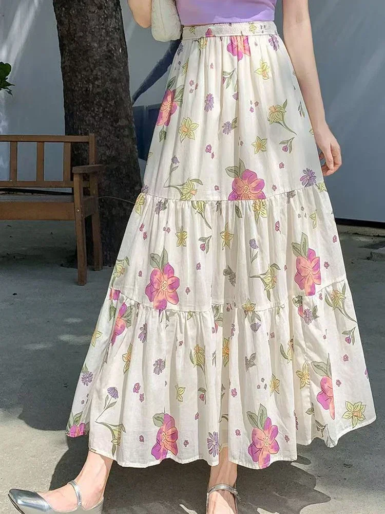 Falda larga Floral bohemia para mujer, faldas elegantes y dulces de cintura alta, faldas largas informales holgadas Vintage coreanas para mujer que combinan con todo