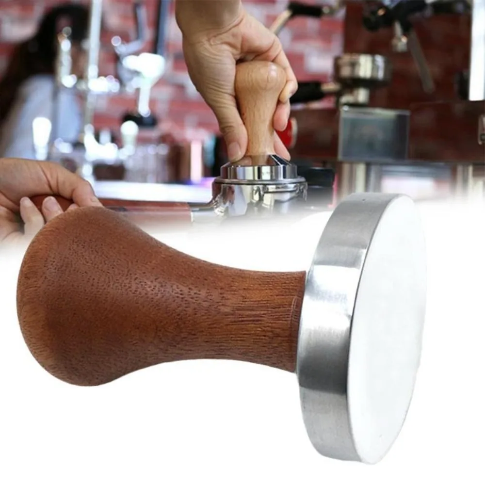 Black Wooden Handle Solid Wood Espresso Coffee Tamper Aluminum Flat Base Coffee Powder Pressing Hammer 51mm/53mm/58mm Manual