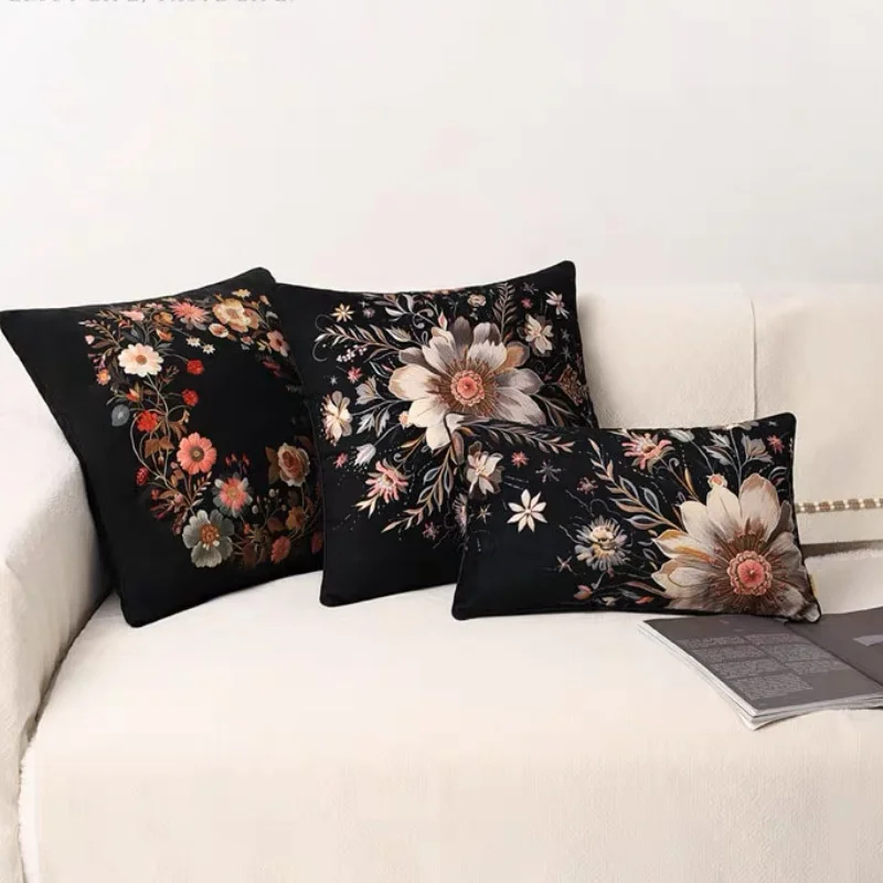 Black Vlevet Pillows Luxury Flora Print Cushion Case Retro Flowers 35x55 45x45 50x50 Decorative Pillow Cover For Sofa Chair Home