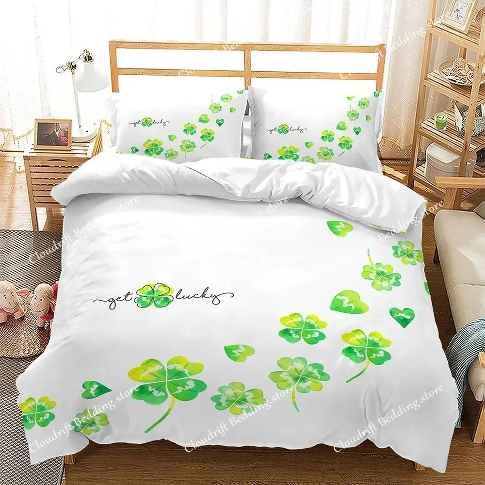 Lucky Green Leaves King Queen Duvet Cover Four Leaf Shamrock Clover Bedding Set Irish Culture Soft Polyester Quilt Cover