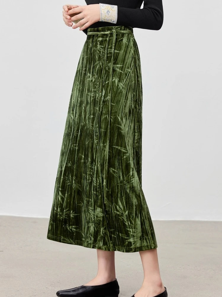 

SENTUBILA Women's Midi Skirt 2025 Winter Chinese Style Elastic Waist A-line Skirt Back Slit Elegant Women's Clothing 154QN3685