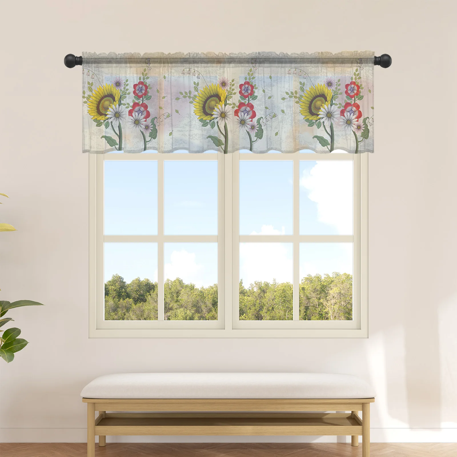 Gradual Sunflower Flower Leaf Plant Kitchen Small Window Curtain Tulle Sheer Short Curtain Living Room Voile Drapes