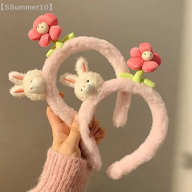 

【SSummer10】Cute Rabbit Pink Flower Plush Hair Hoop - Trend Female Headband Sweet Accessory for Women【SS】