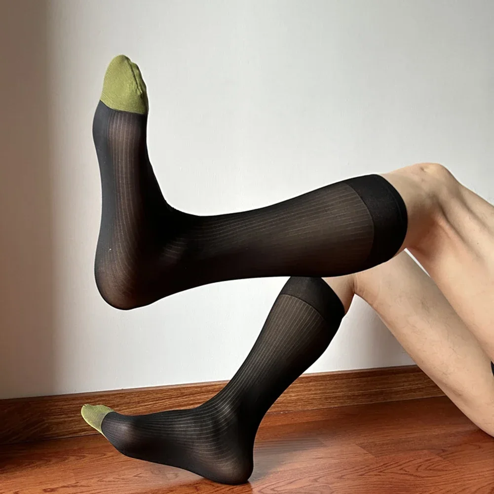 

Business See-through Socks Breathable Wide Striped Socks Black Thin Mens Dress Socks Sheer Appearance Ultra-thin Fabric