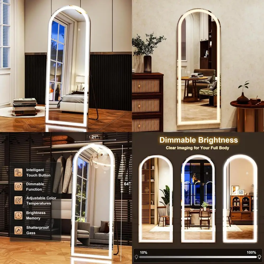 LED Adjustable Brightness White Arched Full Length Mirror, Touch Screen Controls, 21 x 64, Wall or Freestanding, Ideal for Bedro