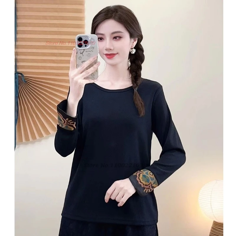 

2025 chinese traditional t-shirt national style flower embroidery o-neck ancient shirt vintage hanfu tops ethnic folk base shirt