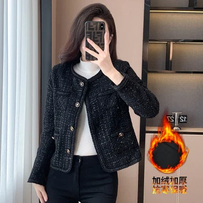 

New Winter Thickend Padded Tweed Women's Jacket Coat Black O-neck Long Sleeve Elegant Slim Woolen Outwear Vintage Tops