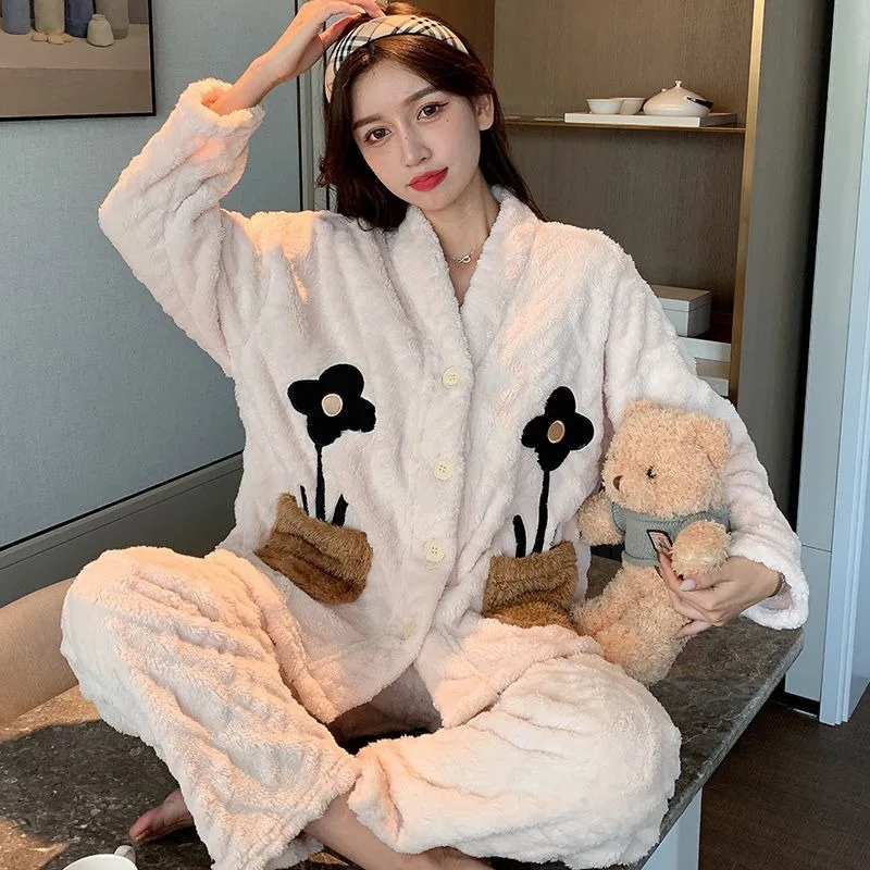 Famale Coral Velvet Pajamas Autumn Winter Homewear Sets Ladies Padded Warm Household Clothes Women 2024 New Flannel Sleep Suit