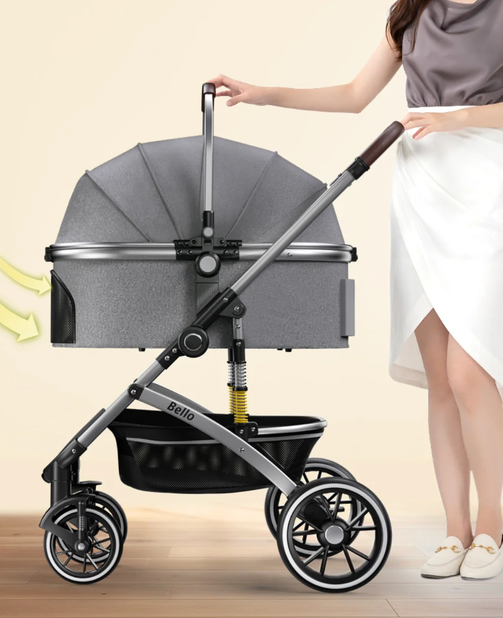 Aluminum Alloy Lightweight Foldable Pet Stroller with Detachable Carrier and PU Four-Wheel Design for Dog and Cat Travel