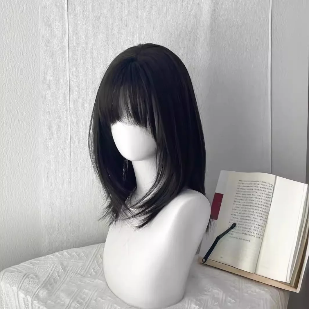 Wig female medium and long hair natural simulation daily natural air bangs whole clavicle hair