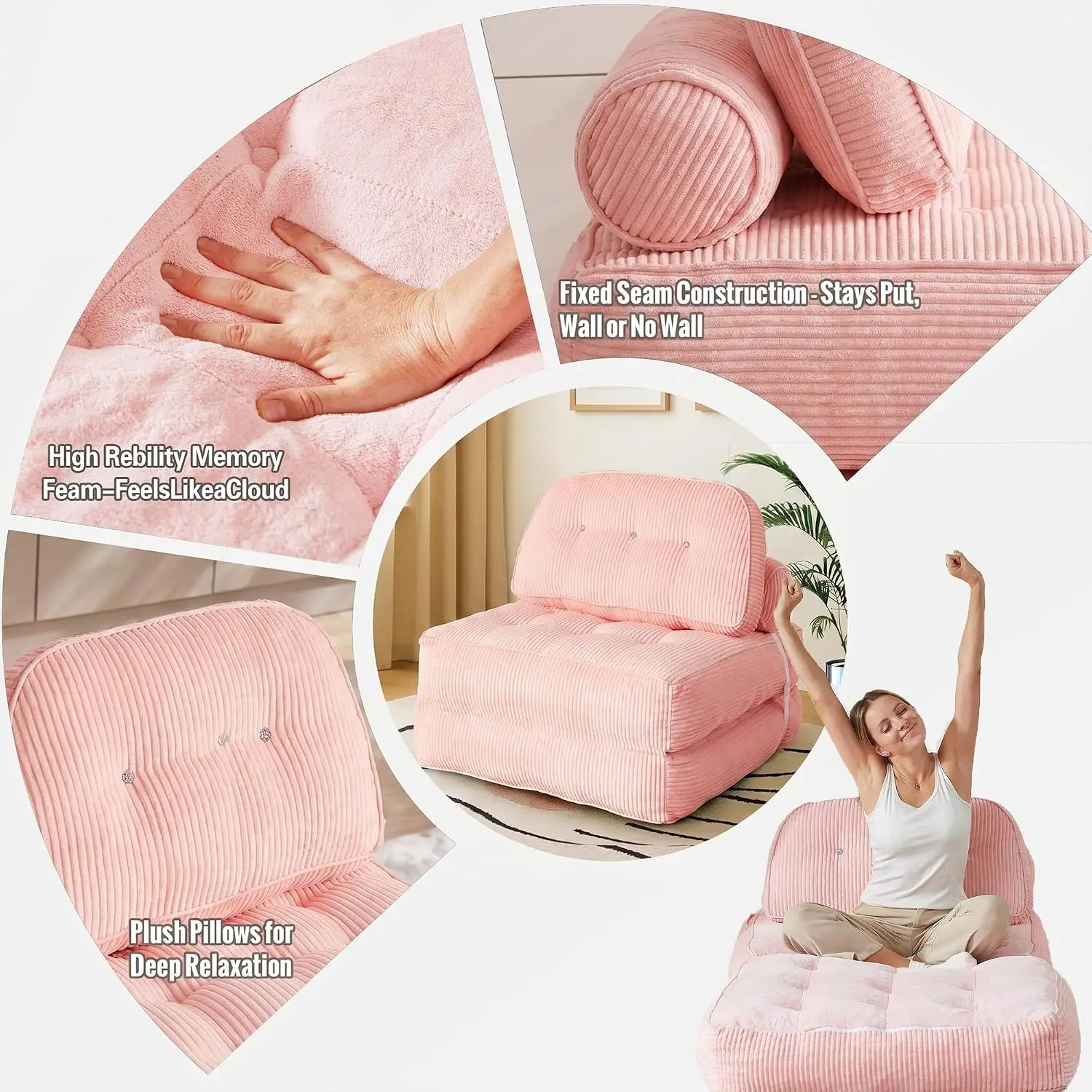 Folding Sofa Bed Single Size Convertible Sleeper Chair To Lounger Comfy Floor Couch Bed Frame With Pillow And Blanket For Living Room Bedroom Pink, 1 Piece view 5