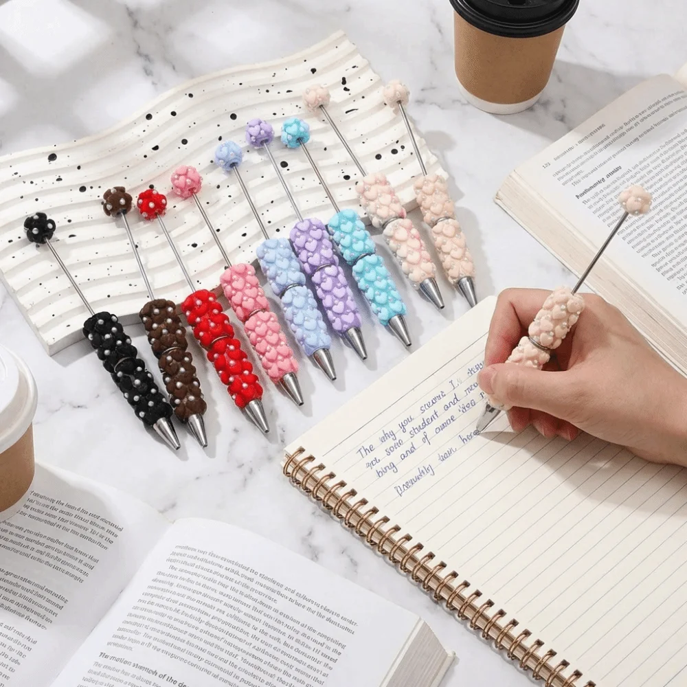 Pearl DIY Clay Heart Bead Pen Full Diamond Smooth Writing Flocked Heart Beaded Pen Handmade Black Ink Beaded Ballpoint Pen
