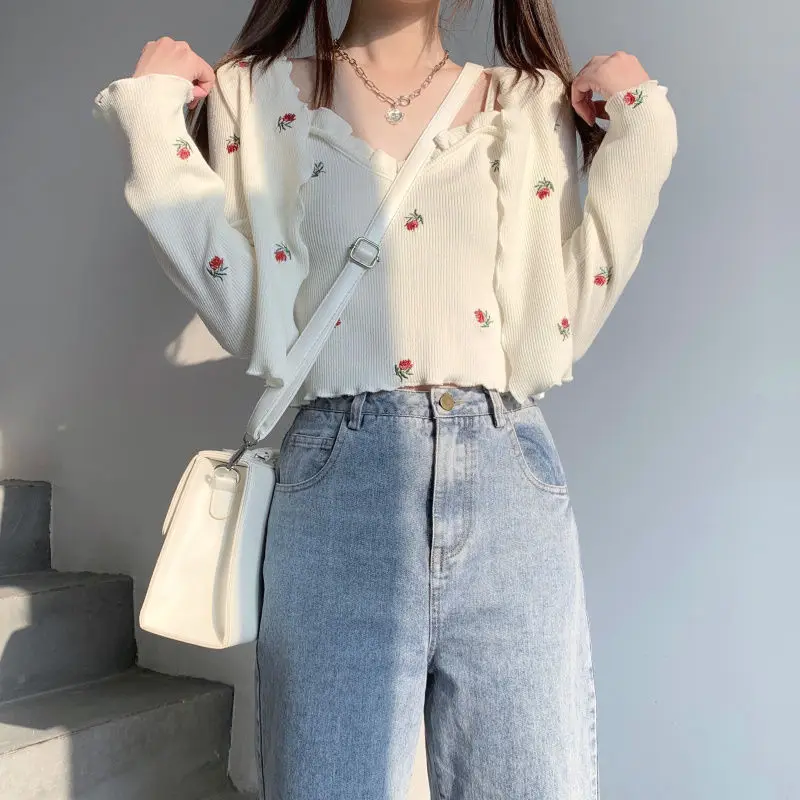 Sweet Embroidery Women Spring Ruffles Sling New Loose Long Sleeved Cardigan Printing V-neck Comfortable Casual Two Piece Set