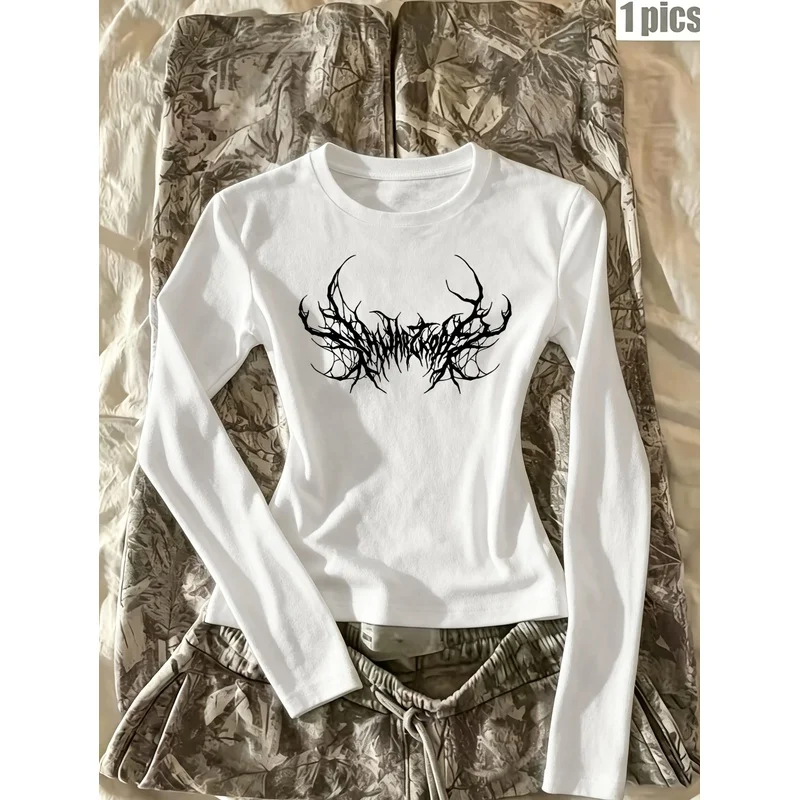 Trendy, form-fitting long-sleeve top for women featuring a vintage Gothic thorn-vine print; women's long-sleeve base layer.