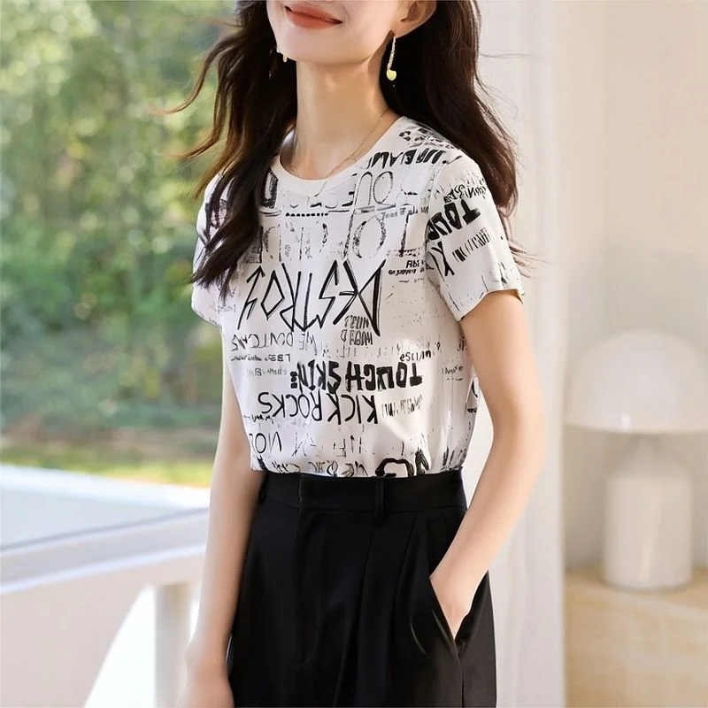 

Fashion Short Sleeve T Shirt Women Loose Round Neck Printed Letter Slim Top Versatile