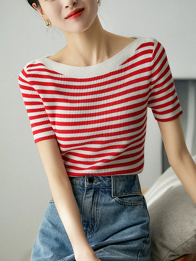 Black T Shirt Women Striped Slash Neck Korean Fashion Tee Shirts Short Sleeve Summer Knit Tops T-shirts Casual Women's Clothes