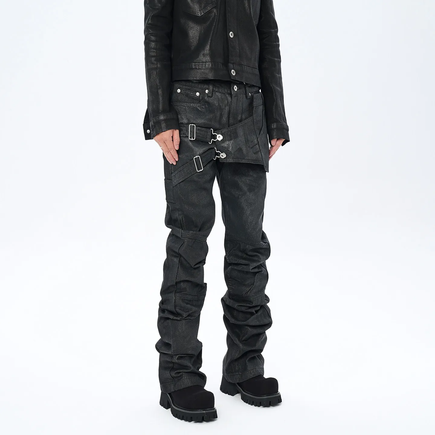Fashionable Retro Multi-Pocket Strap Stitching Deconstruction Special-Interest Design Brushed Wax Skinny Jeans for Men