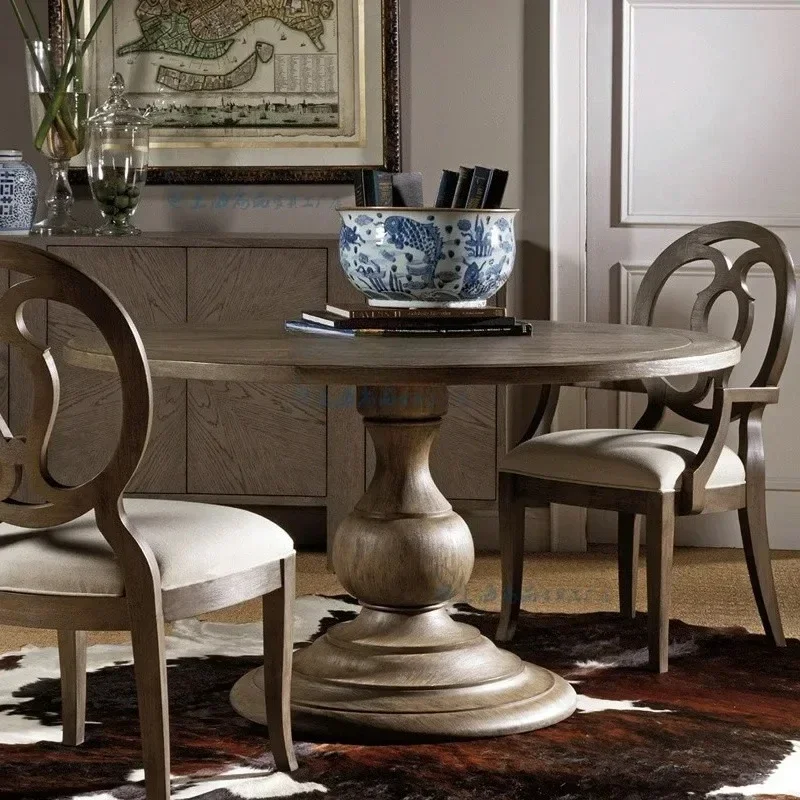 B country all solid wood round dining table and chair combination retro oak dining table and chair furniture