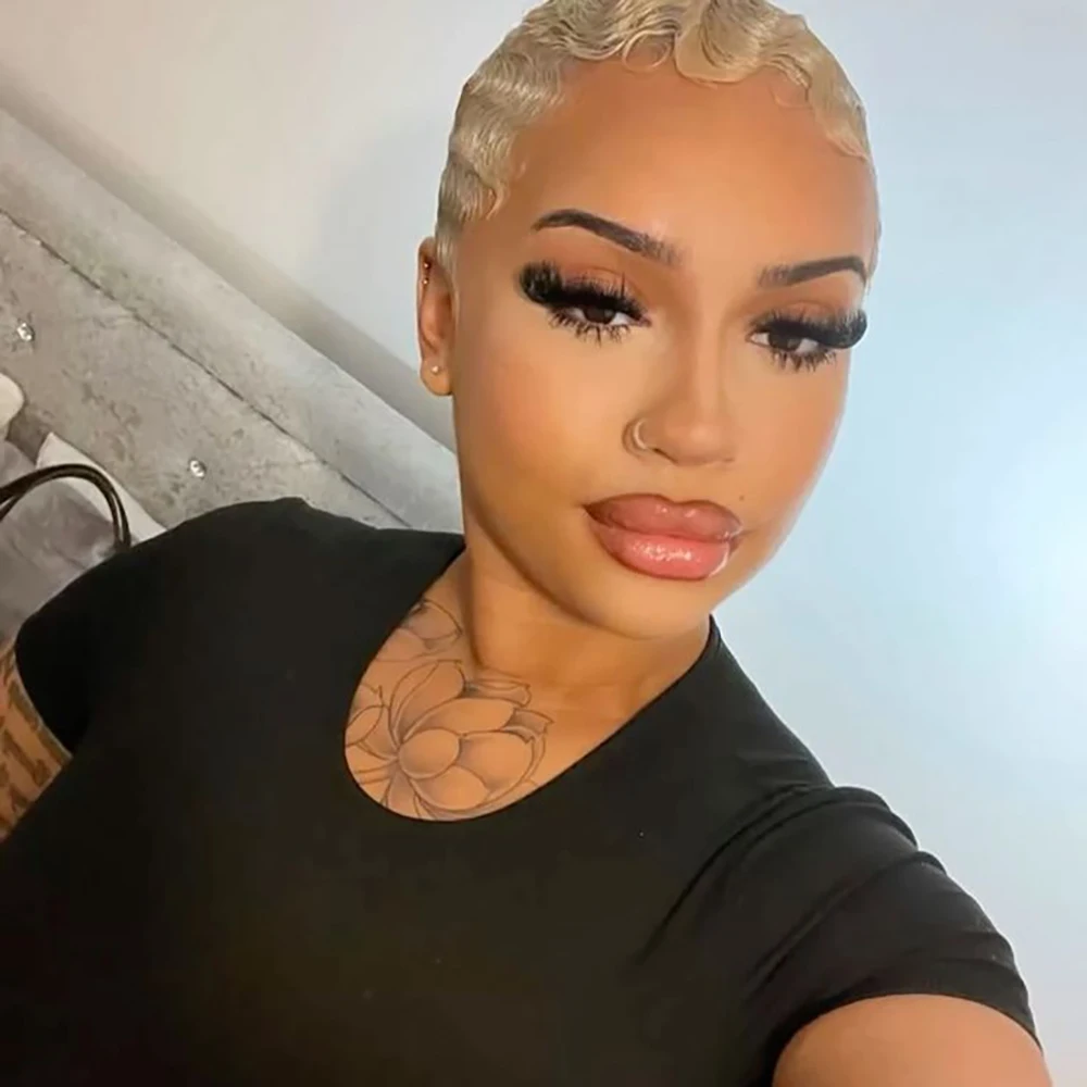 금발 짧은 인모 가발 핑거 웨이브 숏 픽시컷 가발 흑인 여성용 레미 인모 기계 제작 가발 일상용