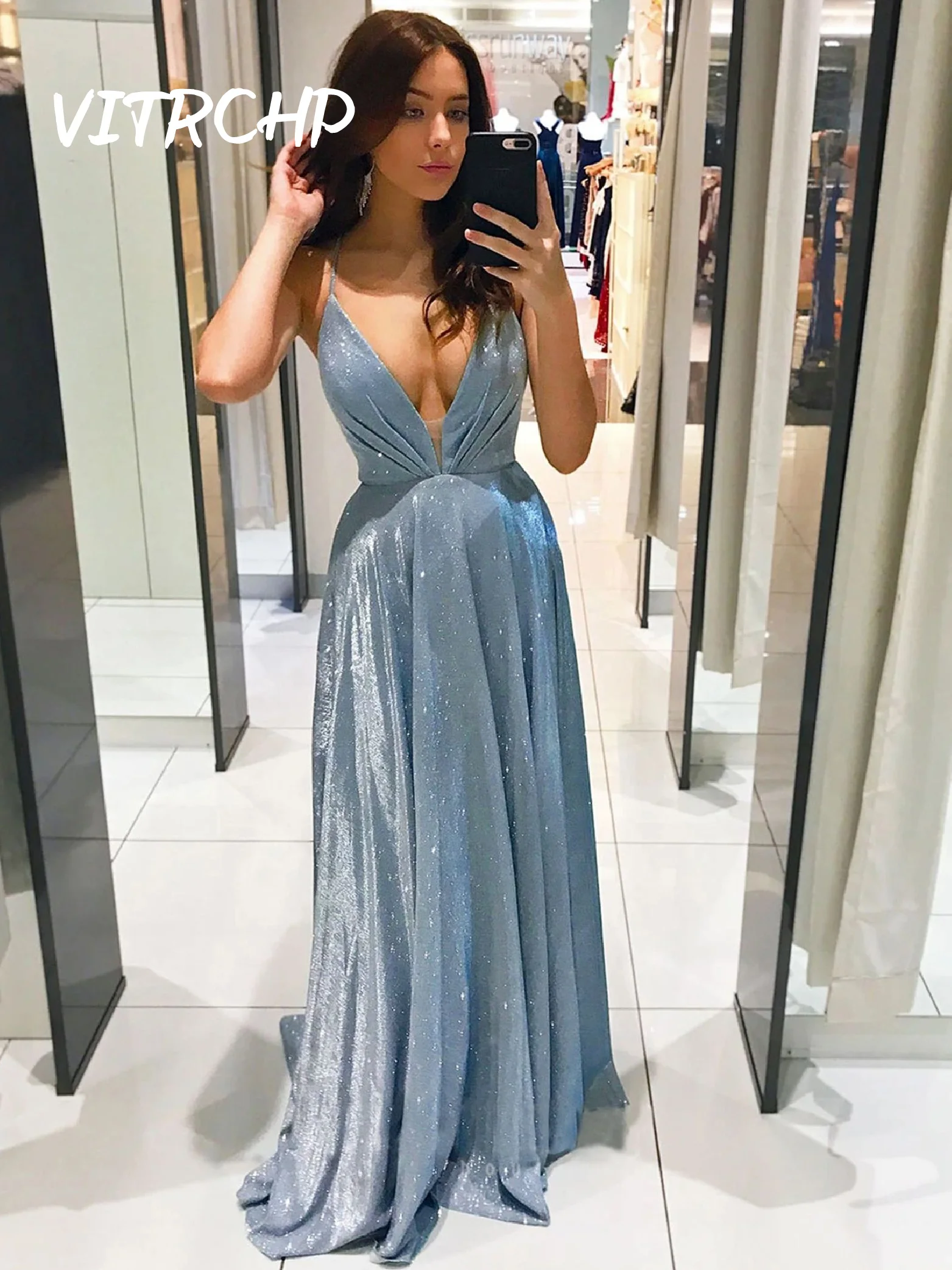 

VITRCHP Sexy Spaghetti Straps Celebrity Dresses for Women V Neck Sequins Shinning Wedding Ball Prom Gown V Elegant Evening Dress