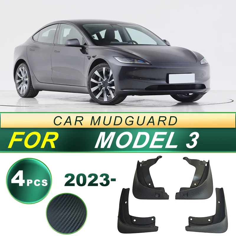 Mud Flaps for Tesla Model 3 2023-2024 Redesigned 4Pcs Carbon Fiber Pattern Splash Guards Sport Style Upgrade Fit