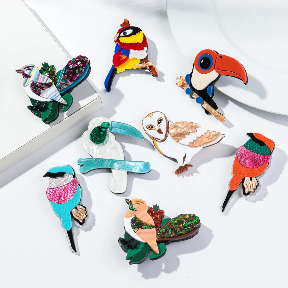 Cute Acrylic Cartoon Birds Parrot Brooch Set Lovely Animal Splicing Badge Pins Clothing Bag Jewelry Accessory Gits