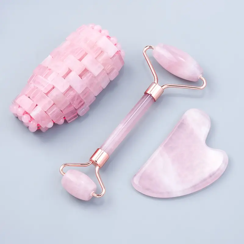 Natural Rose Quartz Facial Roller Guasha Scraper Sleep Mask Set Ice Jade Stone Body Eye Therapy Spa Relaxation Skincare Tool