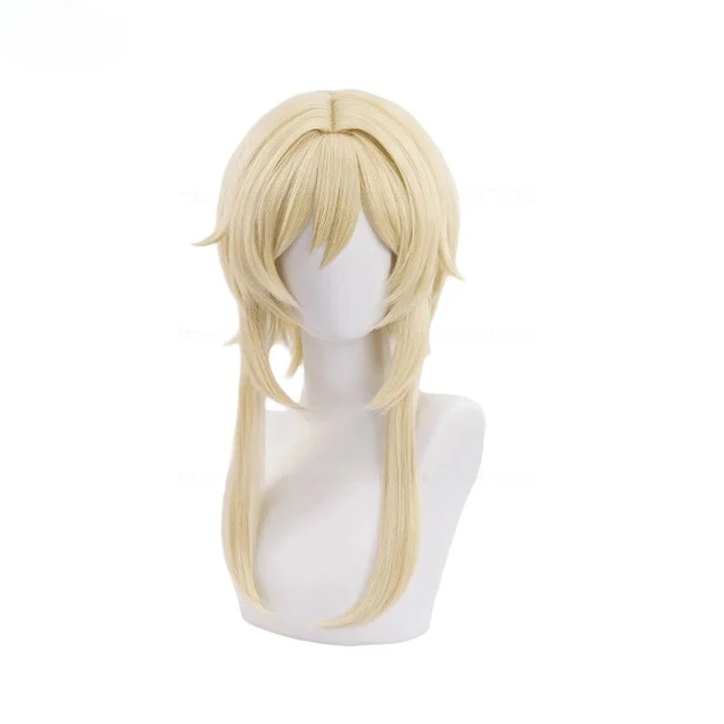 In Sstock Traveller Lumine Cosplay Wig Mid Long Blonde Heat Resistant Synthetic Hair Game Anime Genshin Cosplay Wigs