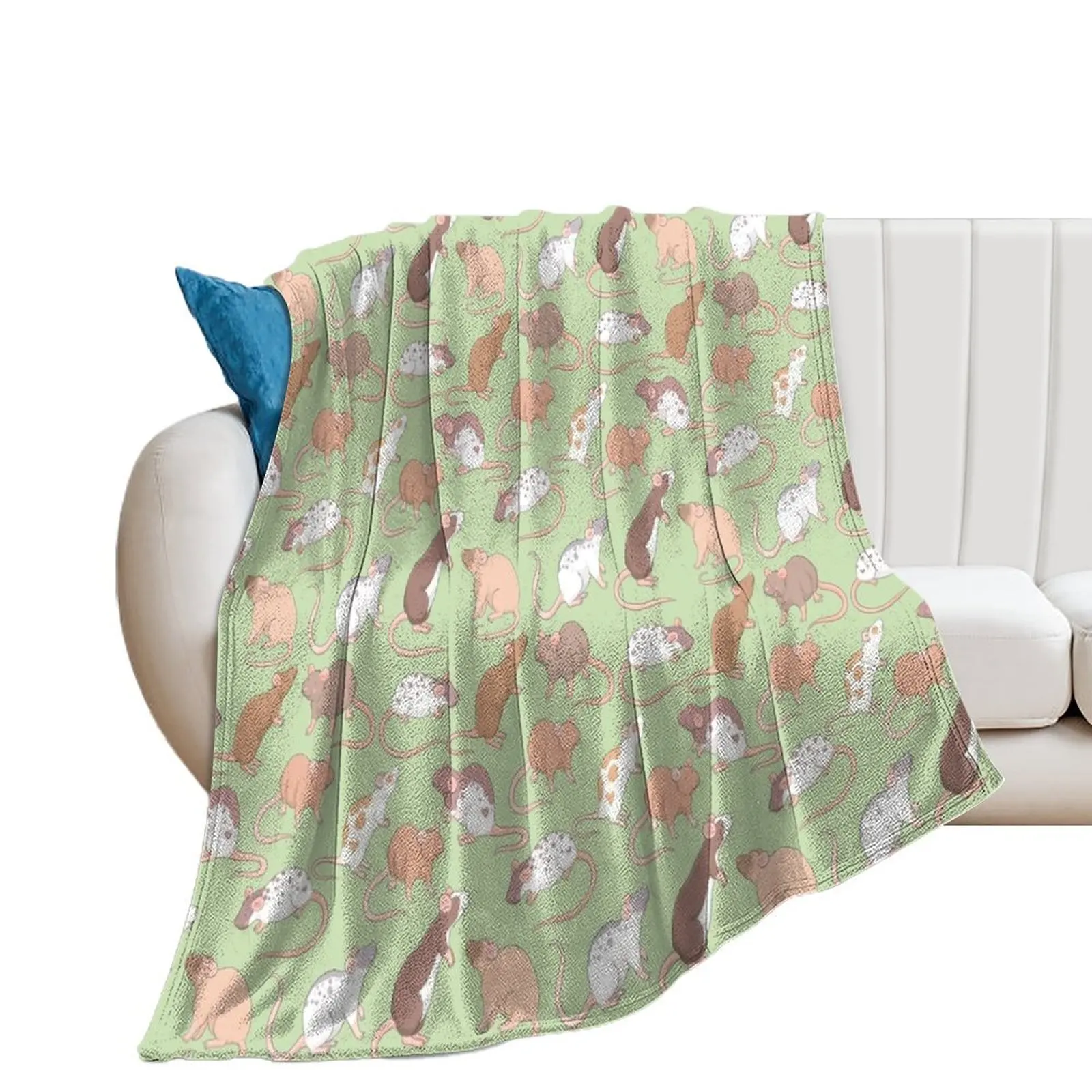 Cute Rattie rats illustration patter against green background Whimsicolour art Throw Blanket Flannel Fabric Blankets