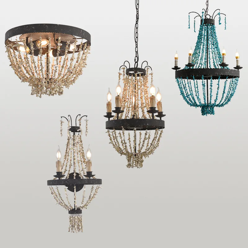 

American Creative Stone Beads Chandeliers For Living Room Home Decor Europan Retro Blue E14 Led Bulb Pendant Light Fixture