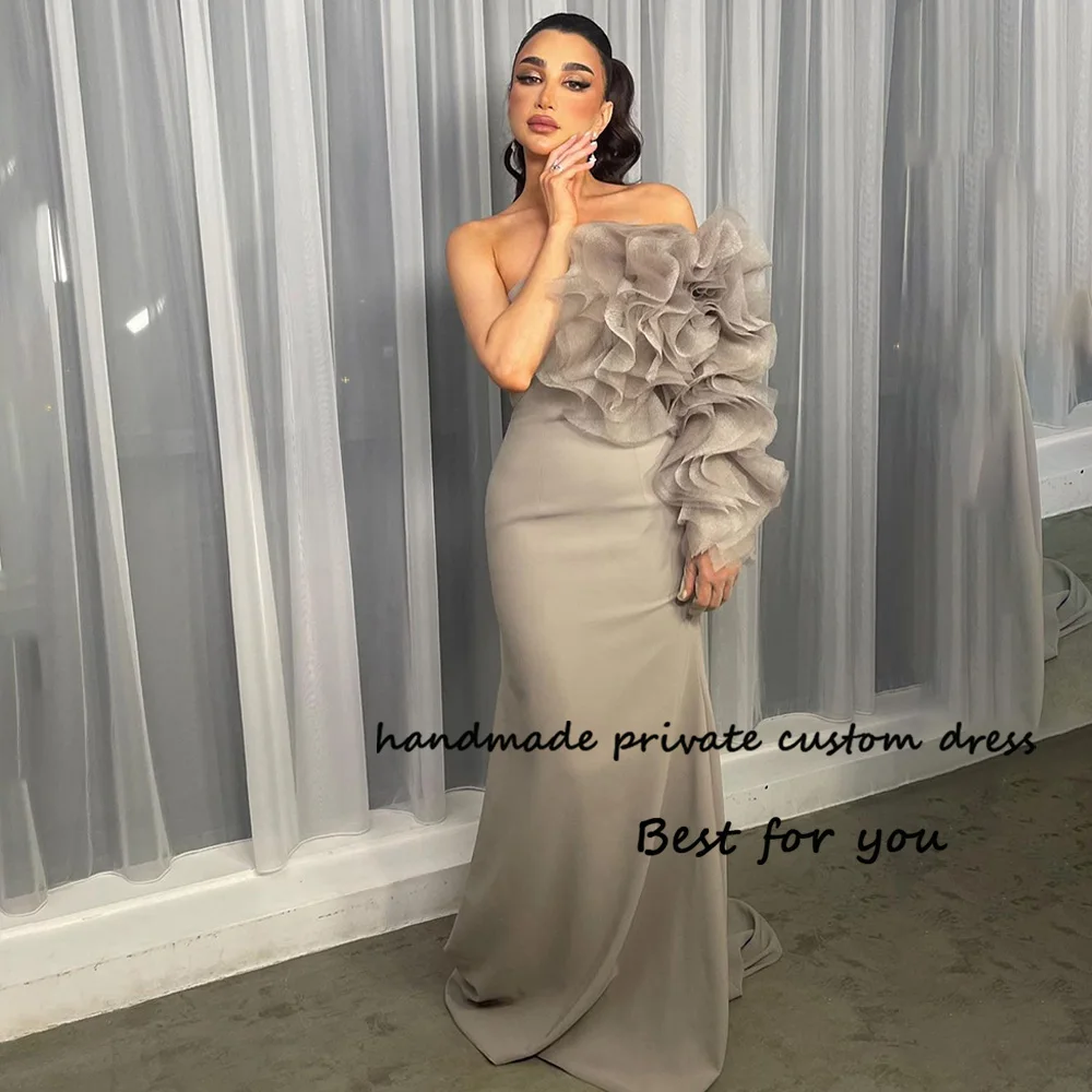 

Gray Mermaid Saudi Arabic Evening Dresses Ruffles Pleats One Sleeve Strapless Formal Dress Long Dubai Arabia Prom Party Gowns