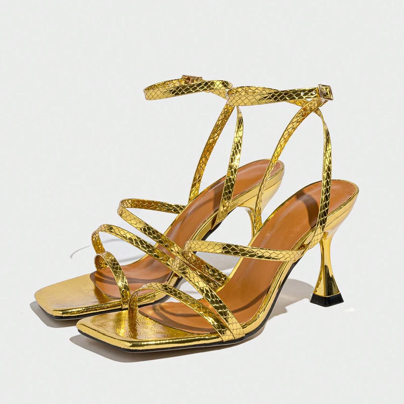 Sexy Snake Print Leather Ankle Strap Gold Sandals Women Strappy Pumps Square Open Toe Block High Heels Ladies Designer Shoes view 6