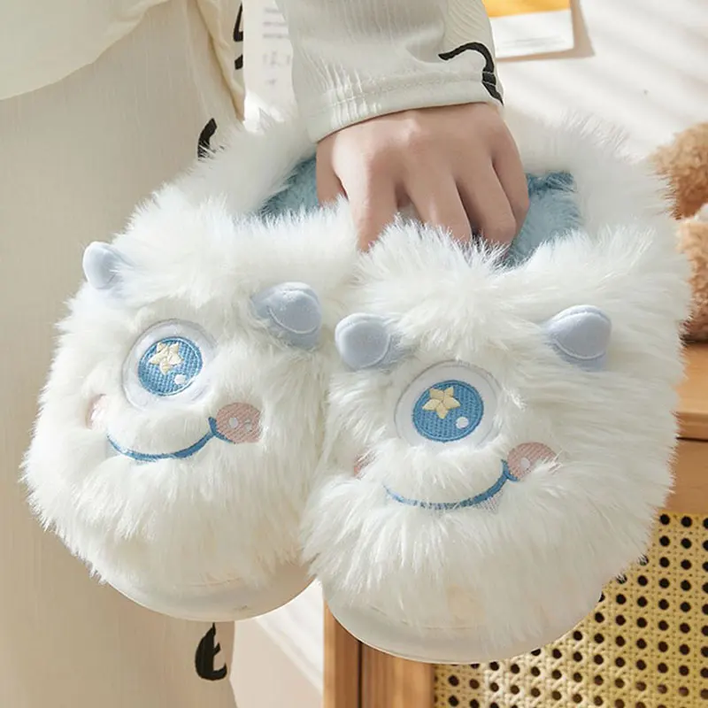 

Bebealy Cute Cartoon Plush Slippers For Women Fluffy Winter Furry Animal Home Slippers Indoor Fuzzy Couple Casual Cotton Slipper