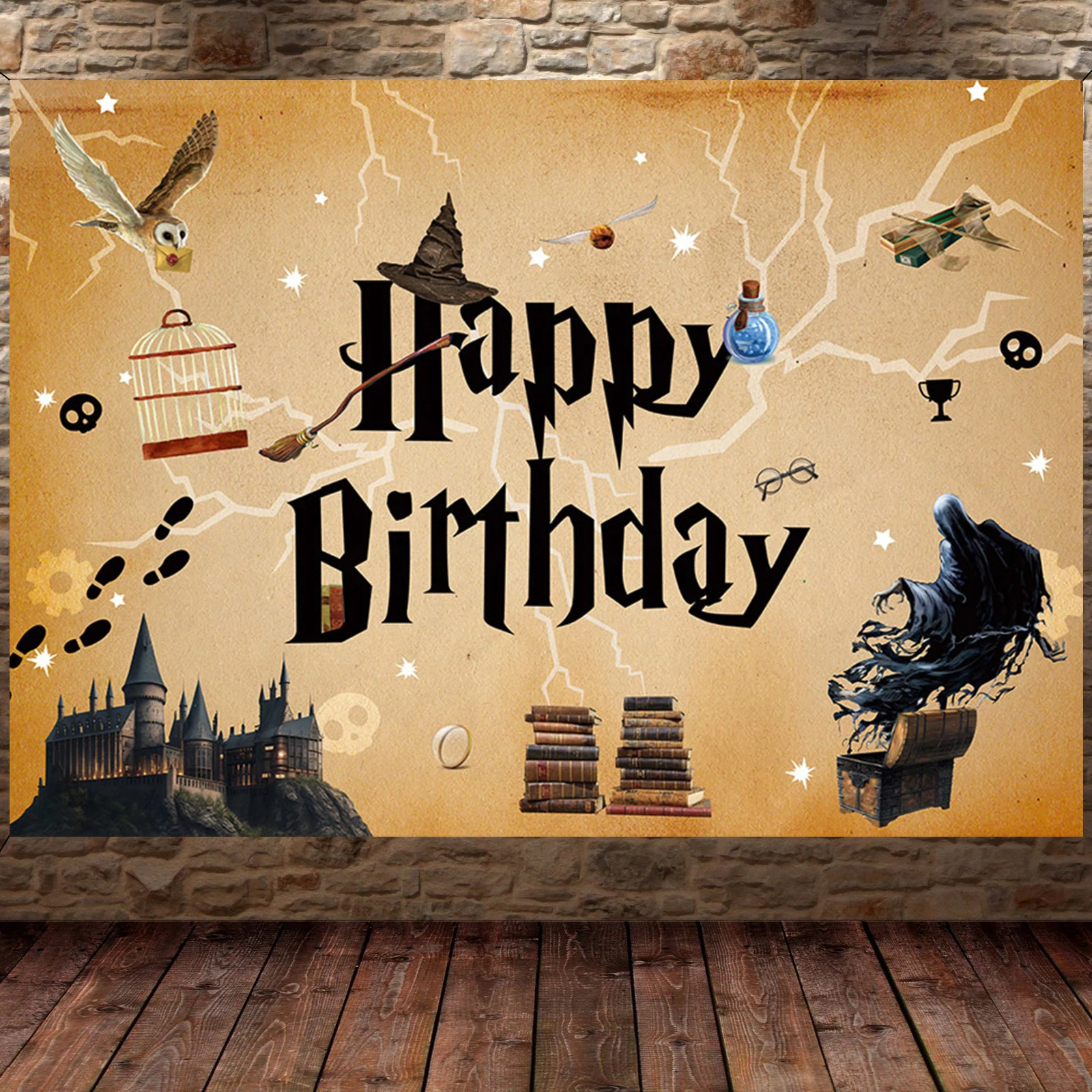 Photography Background Happy Birthday Party Decorative Banner Magic Wizard Castle Branch Hat Cake Table Hanging Cloth Vinyl