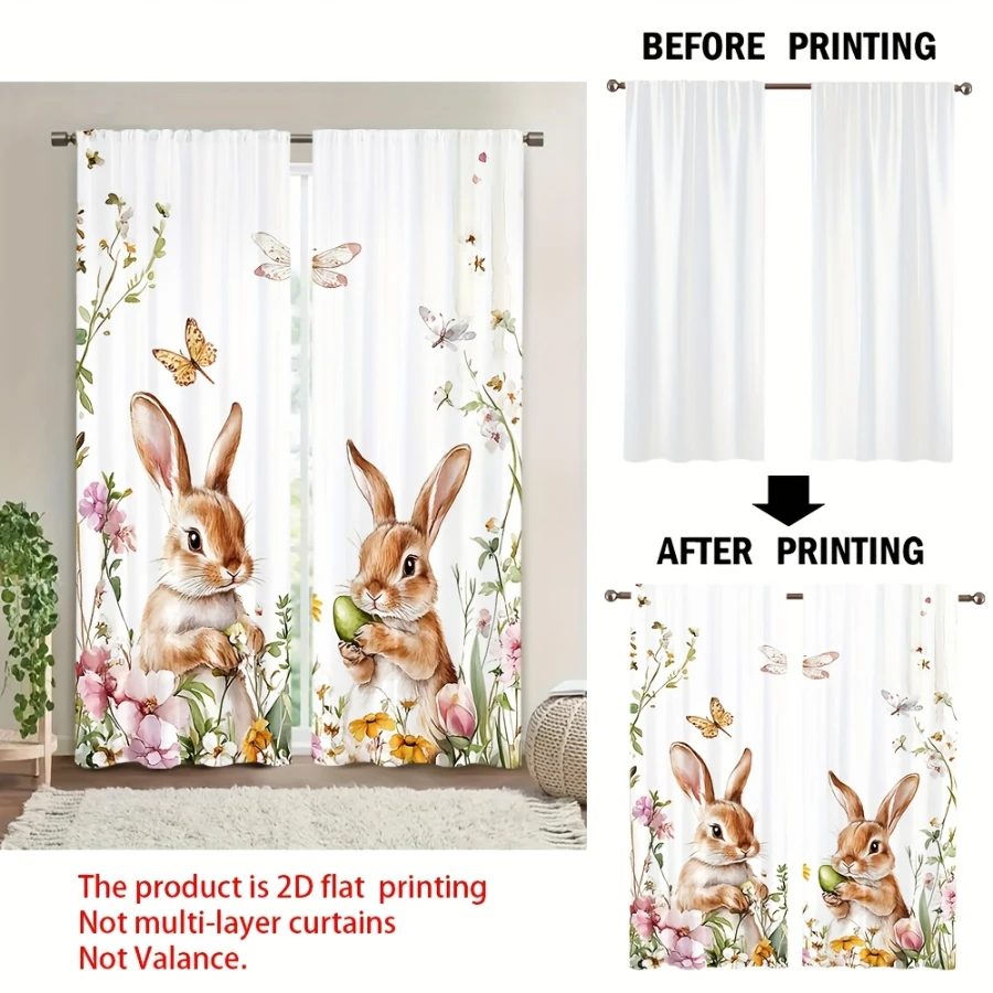 2PCS Digital Print Curtains, Flower Field Cute Bunny, Adorable Wildflower Rabbit Decor Sweet Meadow Animal Bedroom Drapes