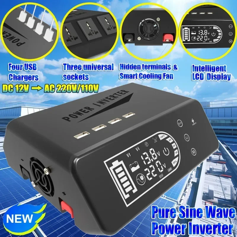 

Touch Screen Pure Sine Wave Inverter LCD Dual Battery Mode Inverter 4000W 12V 220V 110V Voltage Converter 3*Outlets + 4*USB Port